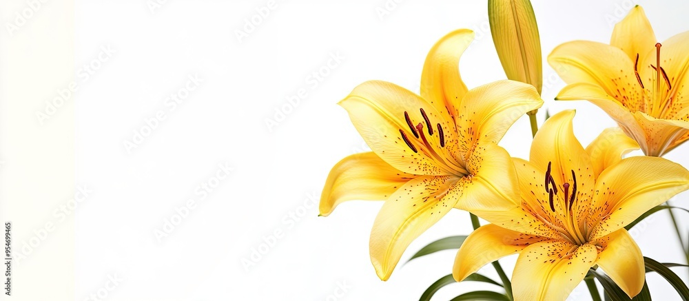 Aufkleber lovely yellow lilies against a white background. with copy space image. place for adding text or des