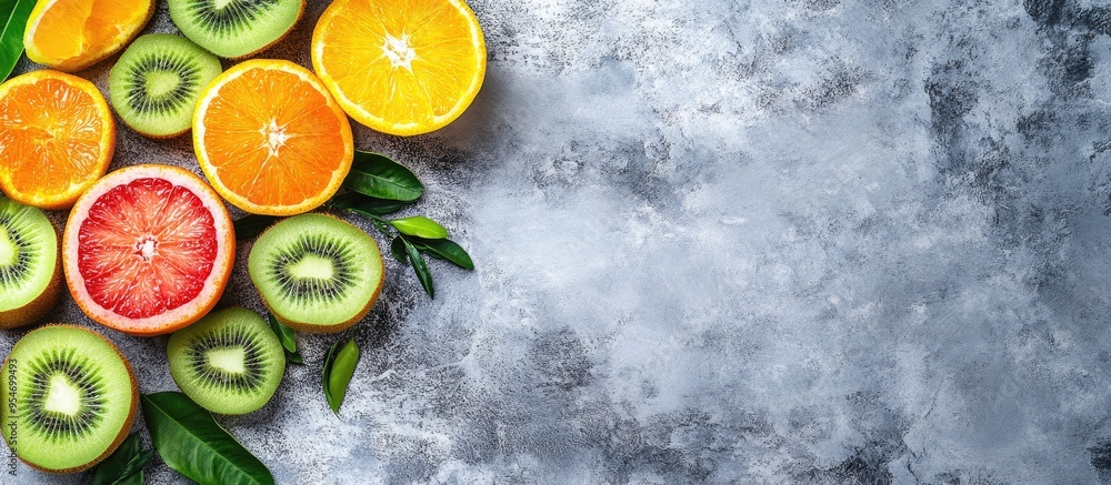Poster healthy food background sliced fruits on a gray stone surface including citrus orange lemon kiwi and