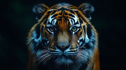 Fototapeta premium A close-up portrait of a tiger showcasing its intense gaze and striking features.