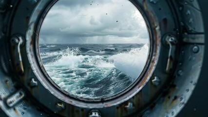 Ocean waves from a ship porthole, stormy weather. Adventure and exploration concept - Powered by Adobe