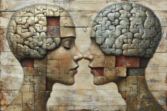 Neurotransmission Hierarchical Stone carved heads with puzzle piece brains symbolizing the enduring power of thought and the challenge of understanding complex ideas