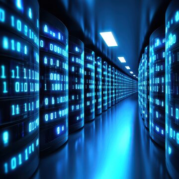 Futuristic data center with glowing blue servers and binary code, symbolizing advanced technology and information storage.