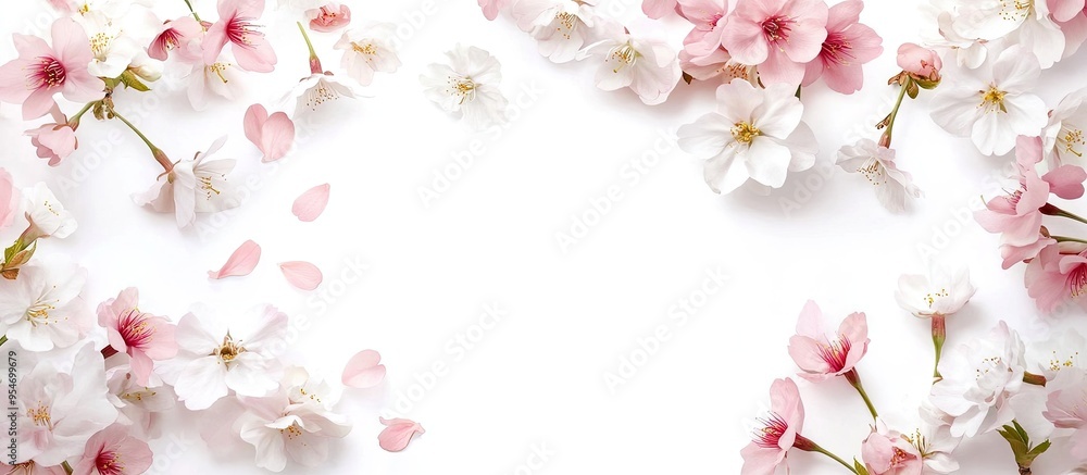 Poster pink and white cherry blossoms on a white background are arranged in a circular frame. with copy spa