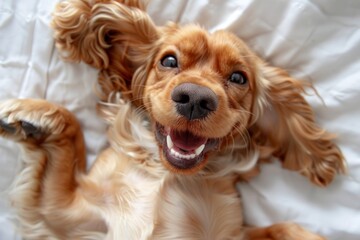 A happy dog lying on a soft blanket. This joyful pet spreads positivity and warmth. Perfect for inspiring animal lovers. Generative AI
