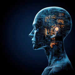 Obraz premium Futuristic profile of a human head with digital circuits, symbolizing technology and artificial intelligence.