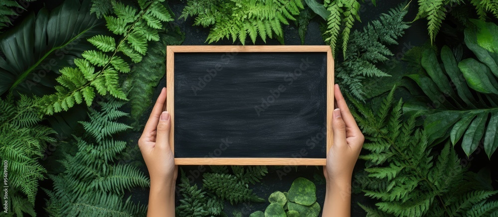 Leinwandbilder hands blackboard and natural greenery. with copy space image. place for adding text or design
