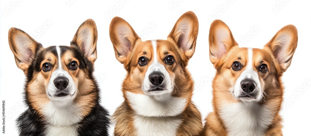 Poster portrait of a pembroke welsh corgi set against a white studio background with copy space featuring a