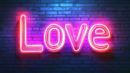 A neon sign in a dark room spells the word love in vibrant pink and red colors against a brick wall, evoking feelings of romance and passion, perfect for Valentine's Day promotions or romantic decor,