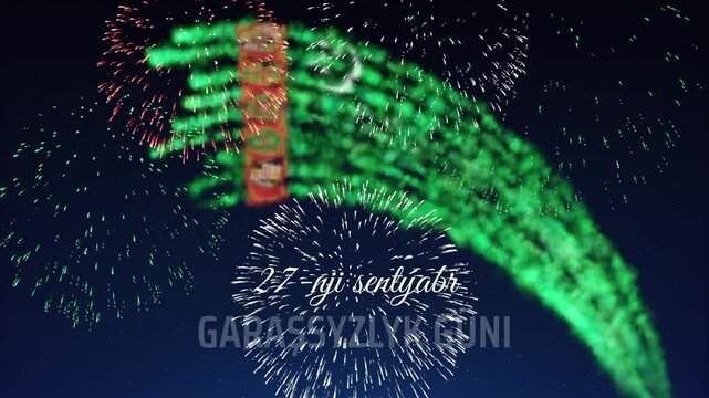 September 27, happy turkmenistan independence day banner. Fireworks turkmen flag on sky background. Animated greeting card. Seamless loop. Translation: September 27th Independence Day of Turkmenistan