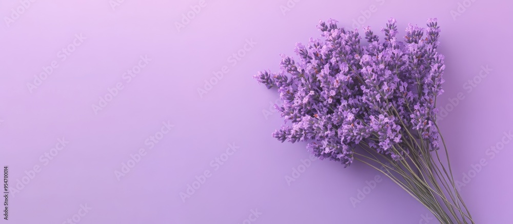 Poster bouquet of purple lavender flowers against a purple background top view copy space minimal backgroun