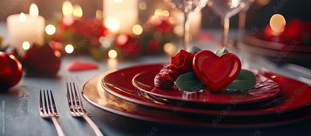 Poster valentine s day romantic dinner celebration selective focus holiday. with copy space image. place fo