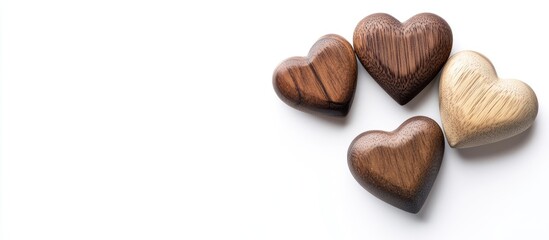 Fototapeta premium Wooden hearts set against a white background Love theme Copy space