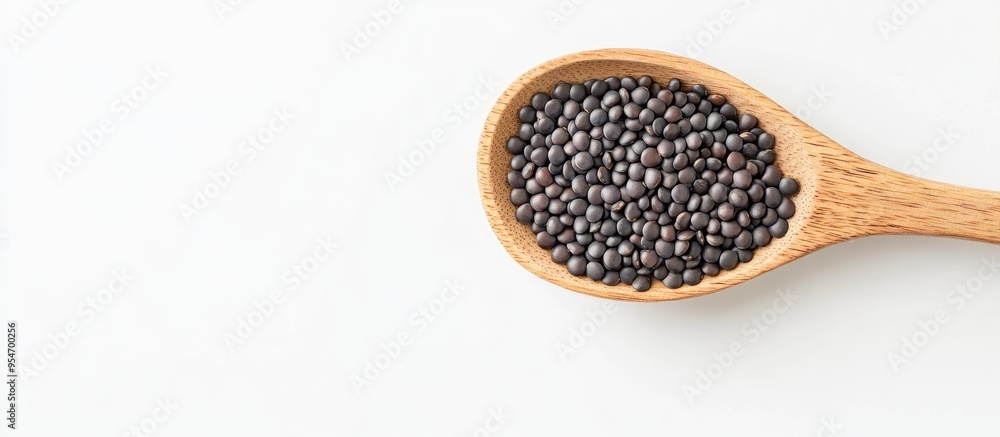 Poster black lentil beans with a wooden spoon on a white background. with copy space image. place for addin