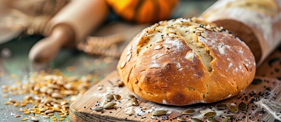 A close up image of freshly baked sourdough bread topped with pumpkin seeds accompanied by a rolling pin on a wooden surface. with copy space image. Place for adding text or design