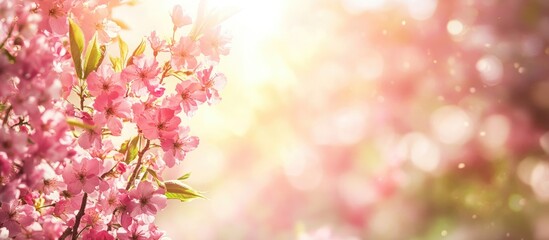 Fototapeta premium Lovely springtime backdrop Stunning pink flowers on blossom trees with a bright sky and sunlight Web banner. with copy space image. Place for adding text or design