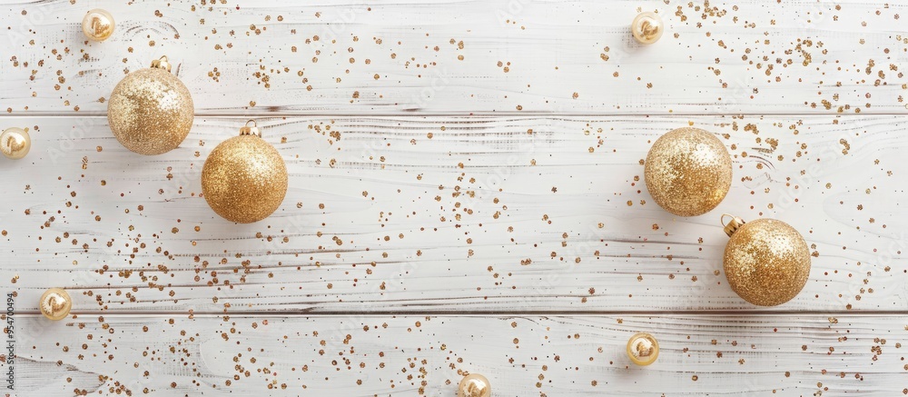 Poster New Year or Christmas pattern flat lay top view featuring decorative golden toy balls and sparkles on a white wooden background Copy space template frame for your greeting card text design