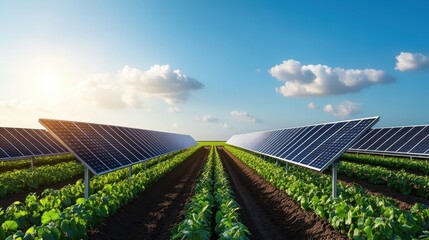 Solar panels in a green agricultural field under a clear blue sky, showcasing sustainable energy and farming integration at sunrise.