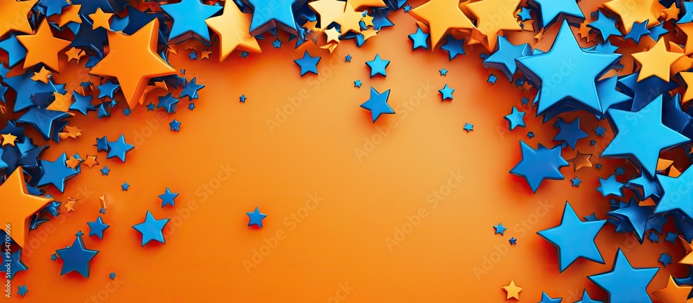 Fototapete orange background adorned with shiny blue stars banner. with copy space image. place for adding text