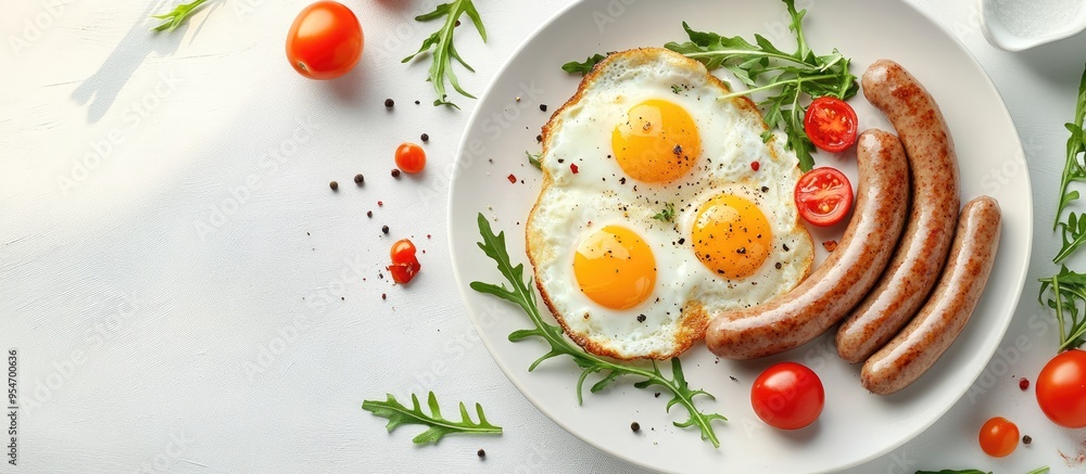 Aufkleber english breakfast consists of fried eggs sausages tomatoes and arugula american cuisine. with copy s