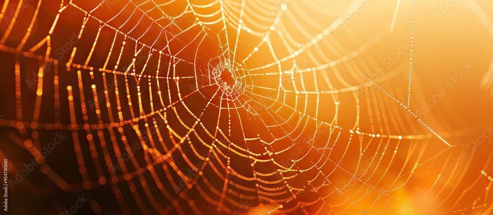 Poster Partially blurred view of an empty spider web with delicate lines set against a blurred orange cave background with copy space