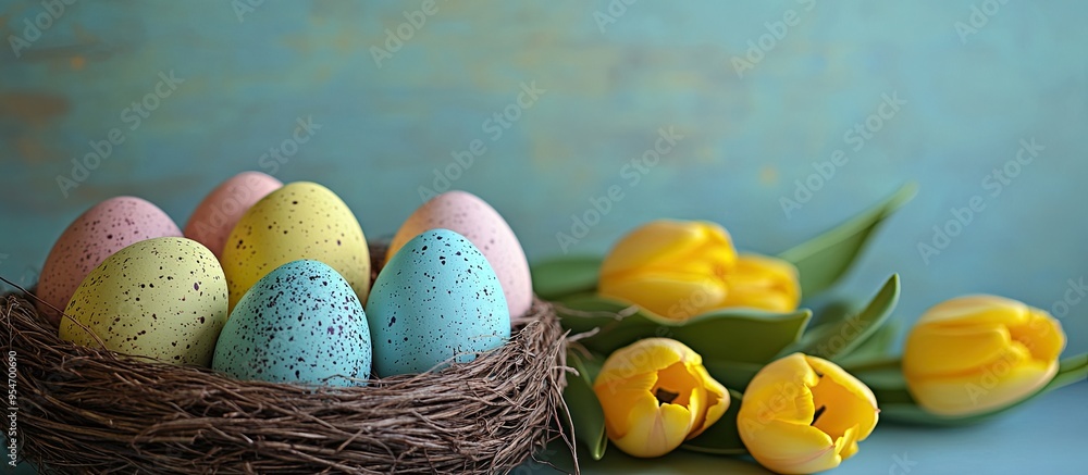 Aufkleber easter backdrop featuring vibrant colored eggs in a nest alongside yellow tulips. with copy space im