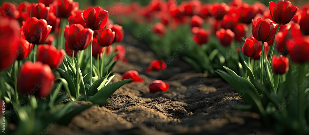 Leinwandbilder A ground filled with blooming red Pamplona Tulips. with copy space image. Place for adding text or design