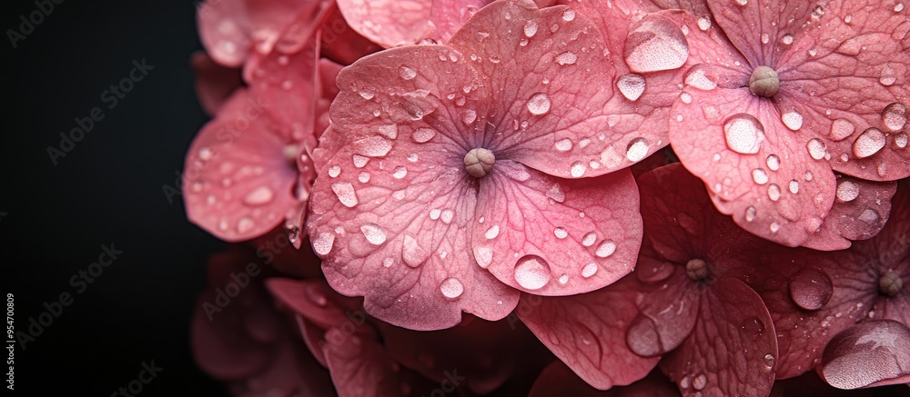 Fototapete pink hydrangea with droplets of water. with copy space image. place for adding text or design