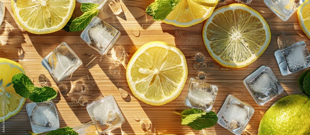 Leinwandbilder fresh lemons mint leaves and ice cubes placed on a wooden surface. with copy space image. place for 