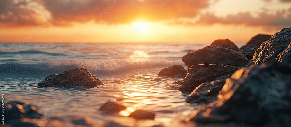 Fototapete sunset on rocks by the ocean. with copy space image. Place for adding text or design