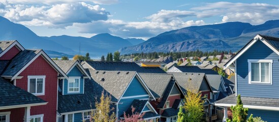 Square frame showing an exterior view of homes with pitched roofs set against mountains and a cloudy blue sky. with copy space image. Place for adding text or design