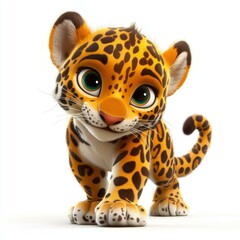 Fototapeta premium A cute animated baby cheetah with big eyes and a friendly expression stands adorably, perfect for children's books, educational materials, or cute animal-themed designs,