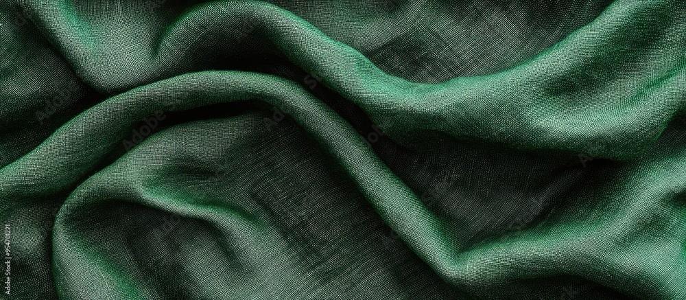 Poster green cotton textile backdrop folded linen fabric decorative texture. with copy space image. place f