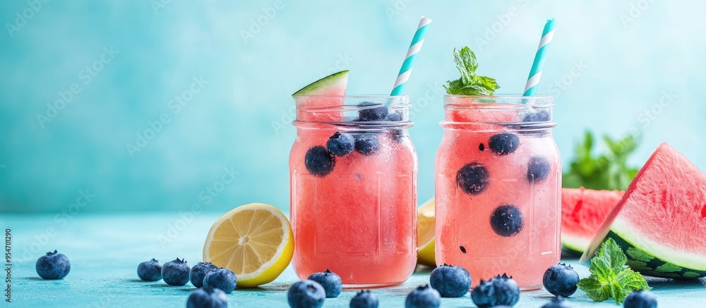 Poster watermelon lemonade in mason jars accompanied by blueberries. with copy space image. place for addin