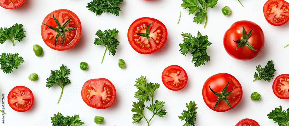 Poster Tomatoes with parsley leaves and copy space for your text isolated on a white background Top view Flat lay
