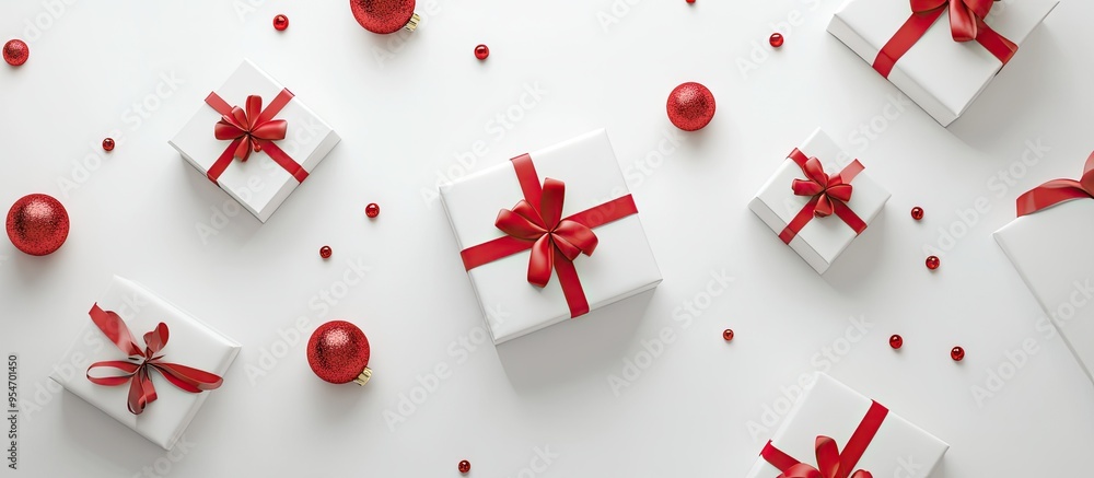 Poster blank paper mockup gift boxes decorations set against a white background. with copy space image. pla