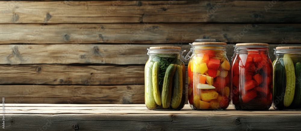 Poster jars of pickled vegetables set against a wooden background. with copy space image. place for adding 