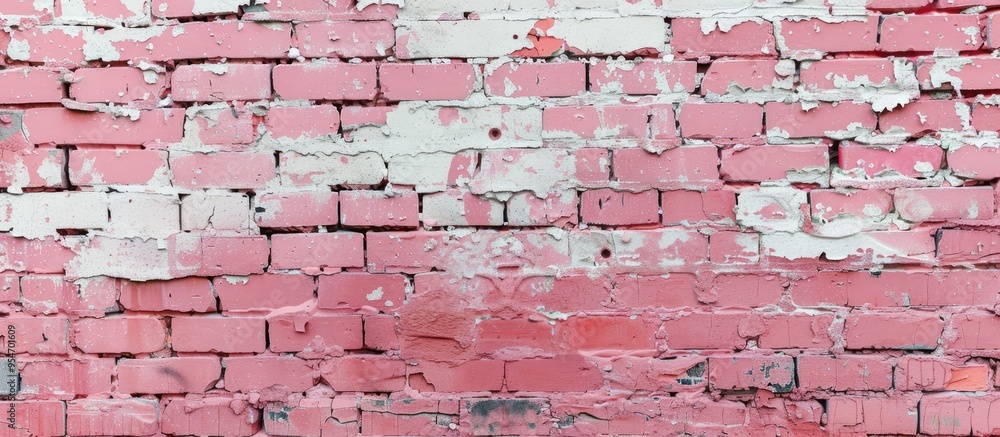 Poster exposed brick wall backdrop freshly painted in reddish pink urban style. with copy space image. plac