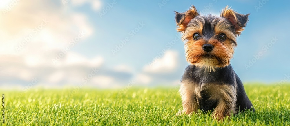 Poster a yorkshire terrier puppy sits on green grass playful and funny puppy domestic pets. with copy space