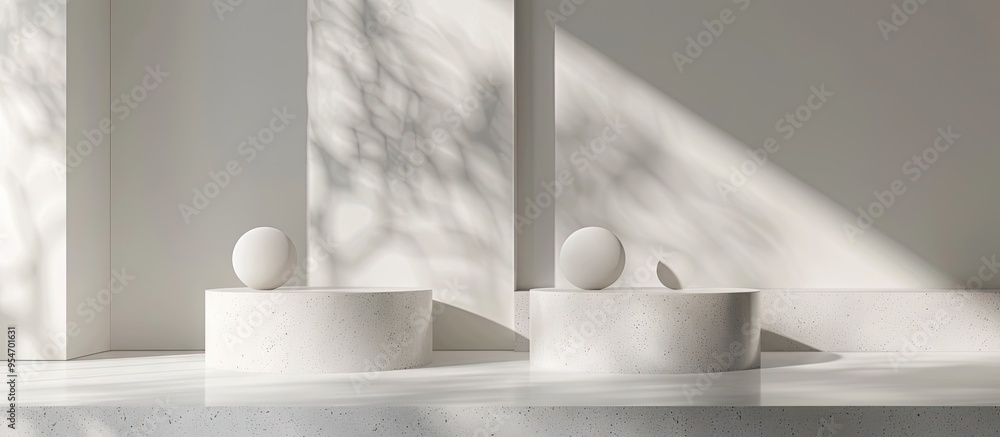Poster white abstract stage mockup featuring a curved niche with two cylindrical podiums mosaic tile in a r