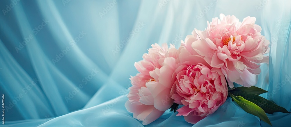 Poster Lovely peony bouquet against a blue folding screen backdrop. with copy space image. Place for adding text or design