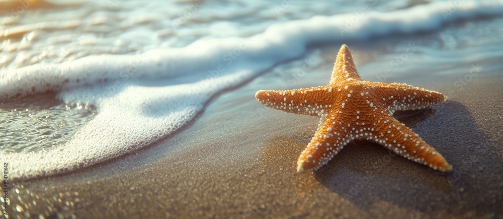 Poster starfish on the beach. with copy space image. Place for adding text or design