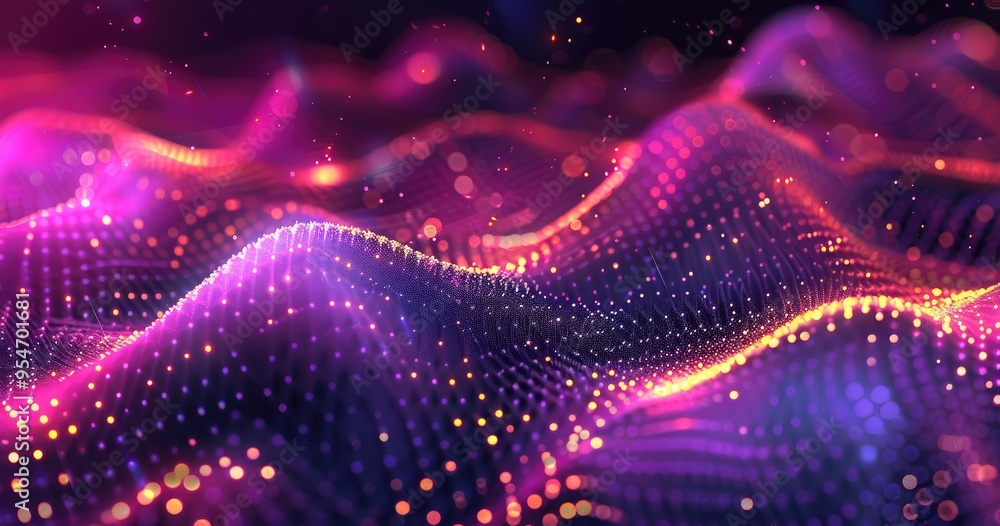 Poster a vibrant, abstract representation of waves made of glowing dots, creating a dynamic and tech-inspir