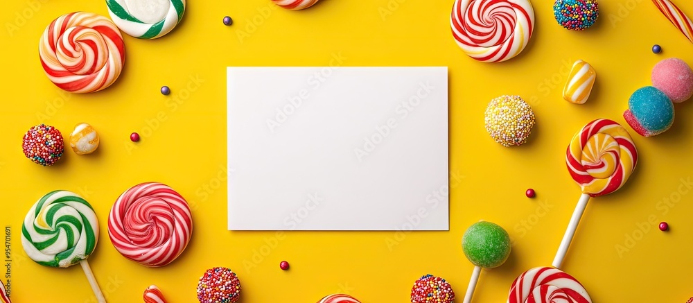 Leinwandbilder arrangement featuring a blank card lollipops and candies on a yellow background. with copy space ima