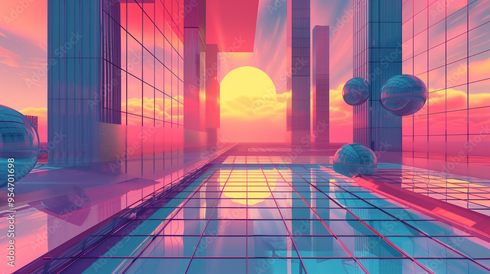 Poster retro abstract cityscape, y2k aesthetics space with the sunset, synthwave style background with abst
