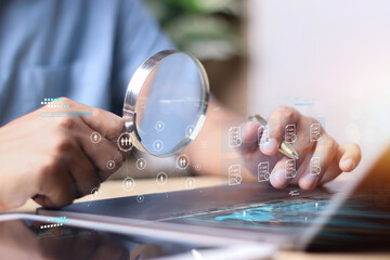 HRM or Human Resource Management, CEO use magnifier glass focus to manager icon which is among staff icons for human development recruitment leadership concept.