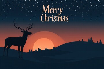 Fototapeta premium Reindeer Silhouettes Collage: Pictures of reindeer silhouettes against a sunset or moonlit background, with snow-covered hills. The text 