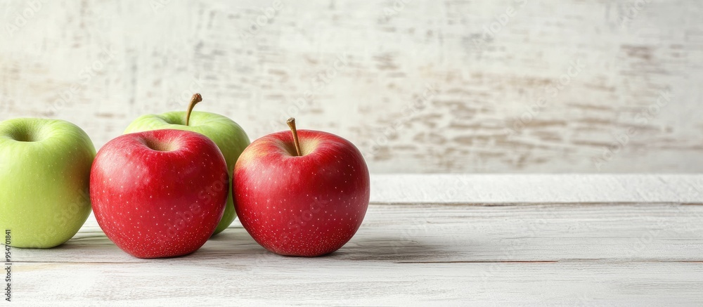 Poster one red apple and two green apples rest on a white wooden surface there are fresh apples on the kitc
