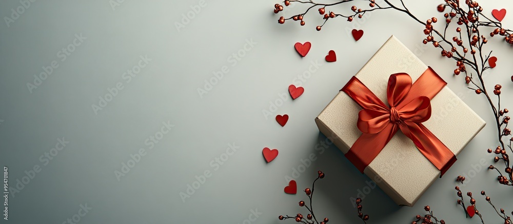Poster The gift box is tied with a red ribbon and surrounded by paper hearts and flowers set against a gray background. with copy space image. Place for adding text or design