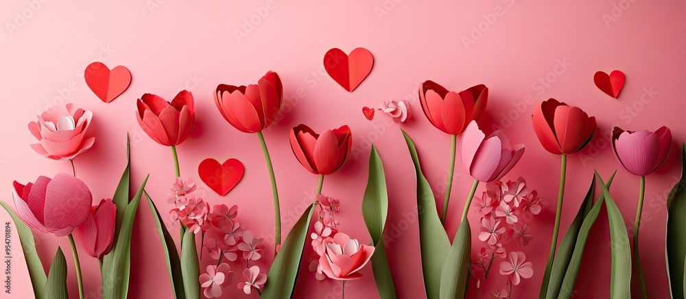 Poster red tulip flowers with paper hearts on a pink background concepts for valentine s day women s day an
