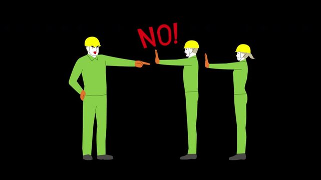 作業服のパワーハラスメントする上司と困る部下、拒否するポーズのイラスト動画